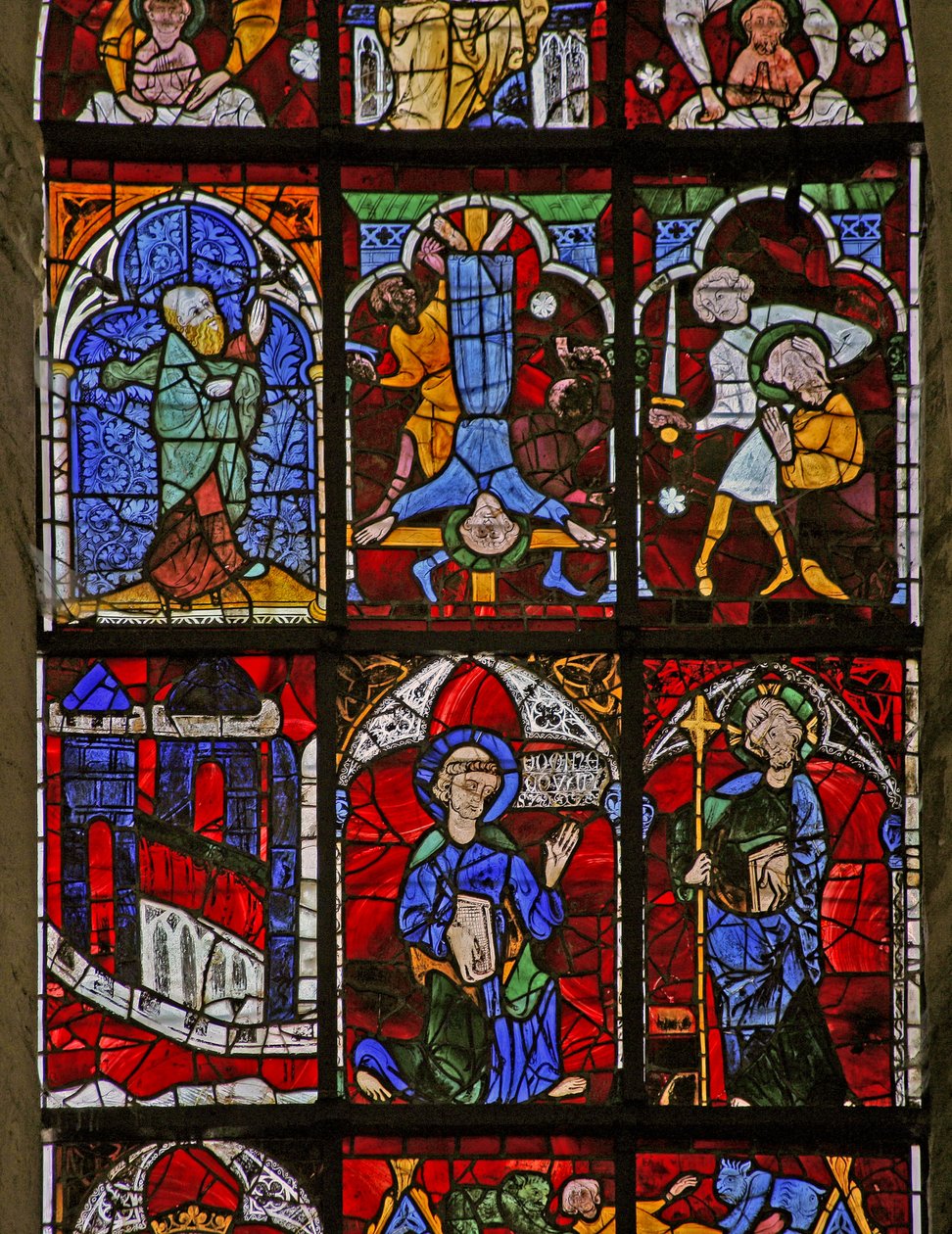 Vindu w221 som viser Quo Vadis; St Pauls martyrium, St Peters korsfestelse; en profet av French School