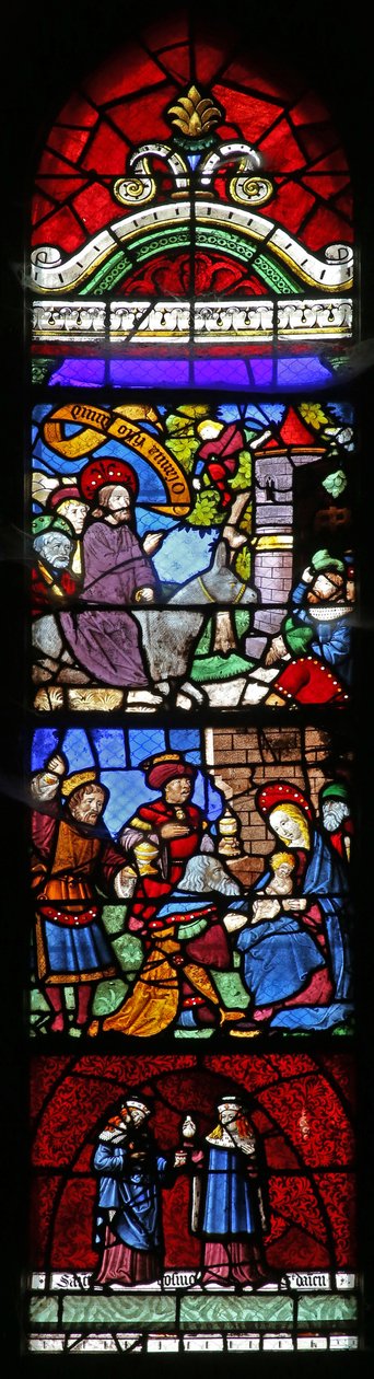 Vindu w22 som viser inntoget til Jerusalem; Tilbedelse av magi; Ss Cosmos og Damian av French School