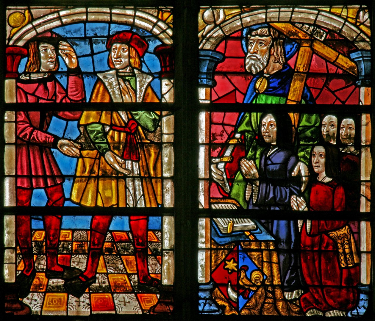 Vindu w232 som viser en scene fra historien om den fortapte sønn: den eldste brorens sinne; givere kone, døtre, St Simon av French School