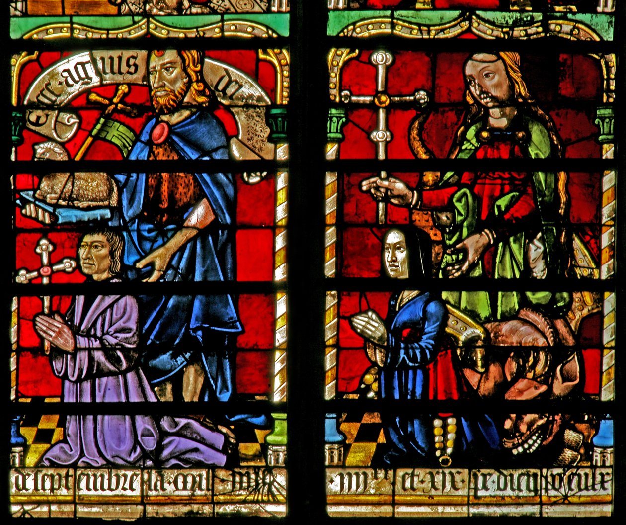 Vindu w236 som viser en giver - Jean Corart og kone med St John Baptist og St Catherine av French School