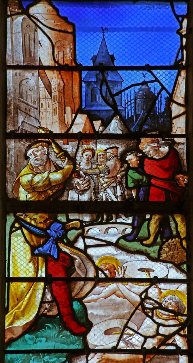 Vindu w23 som viser St. Crepin og St. Crepinian: kastet i elven Aisne med kvernsteiner rundt halsen av French School
