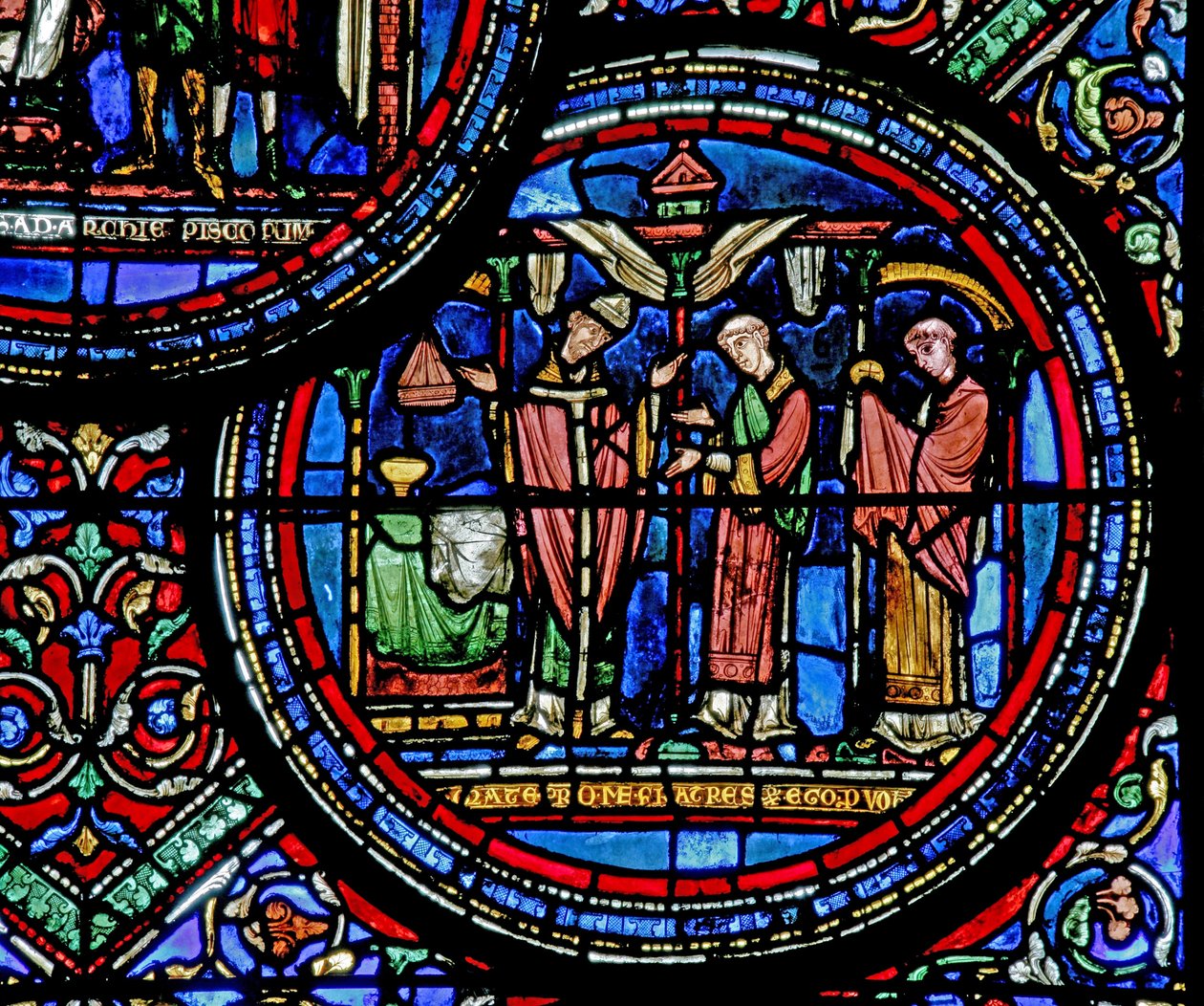 Vindu w23 som viser St Thomas Becket feirer messe av French School