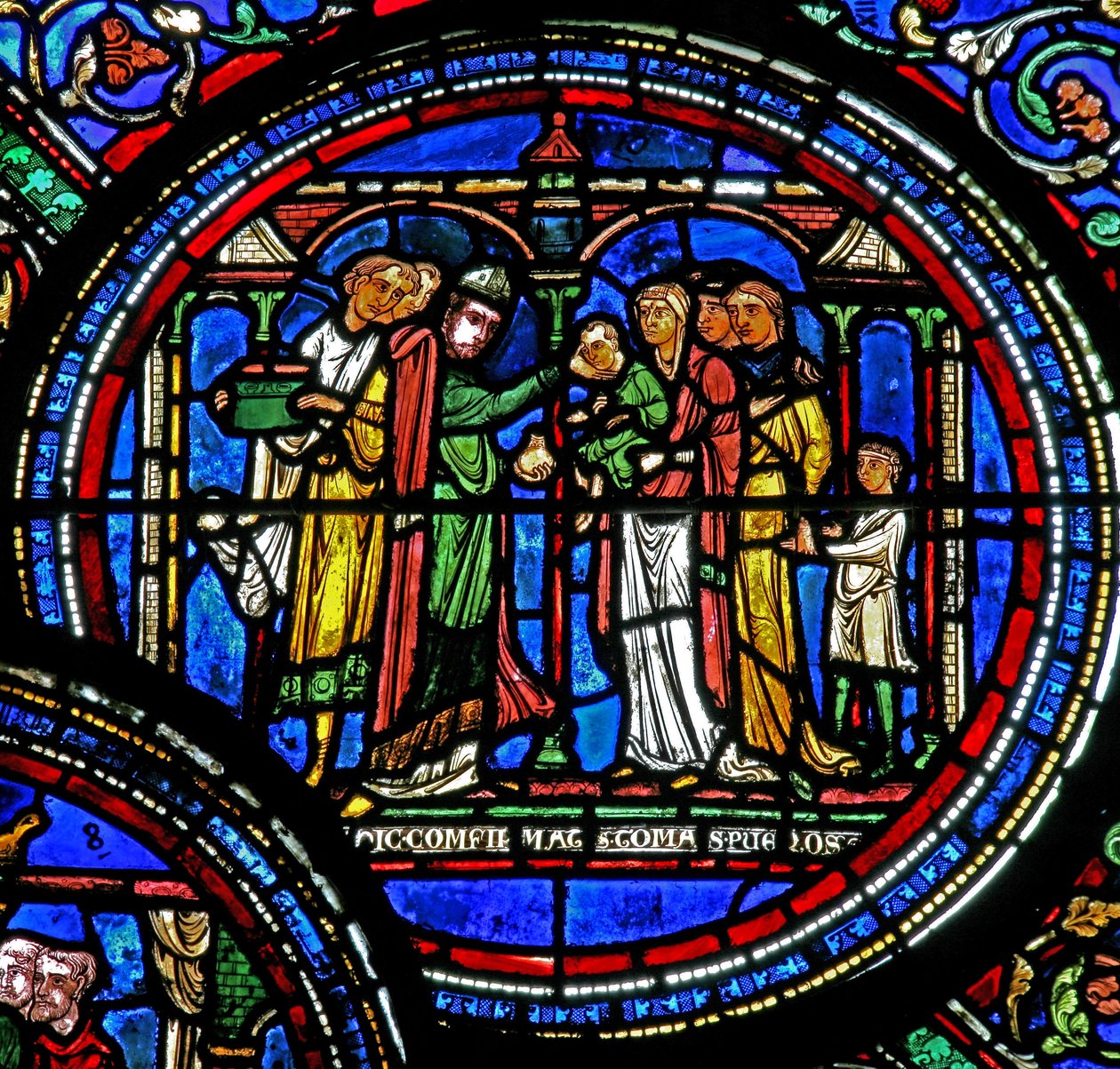 Vindu w23 som viser St Thomas Becket som konfirmerer barn av French School