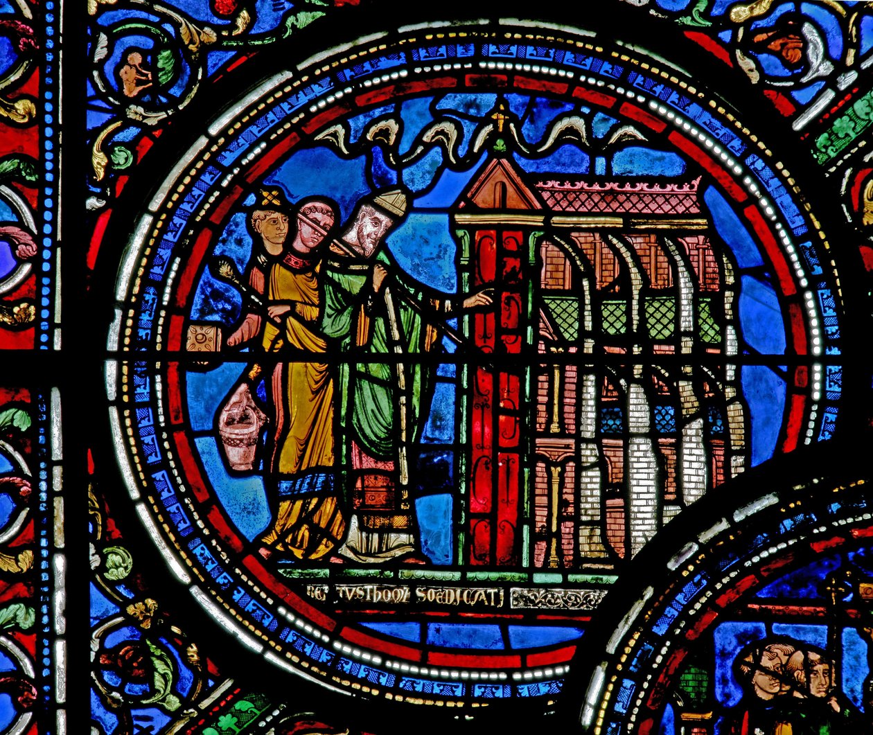 Vindu w23 som viser St Thomas Becket som innvier en kirke av French School