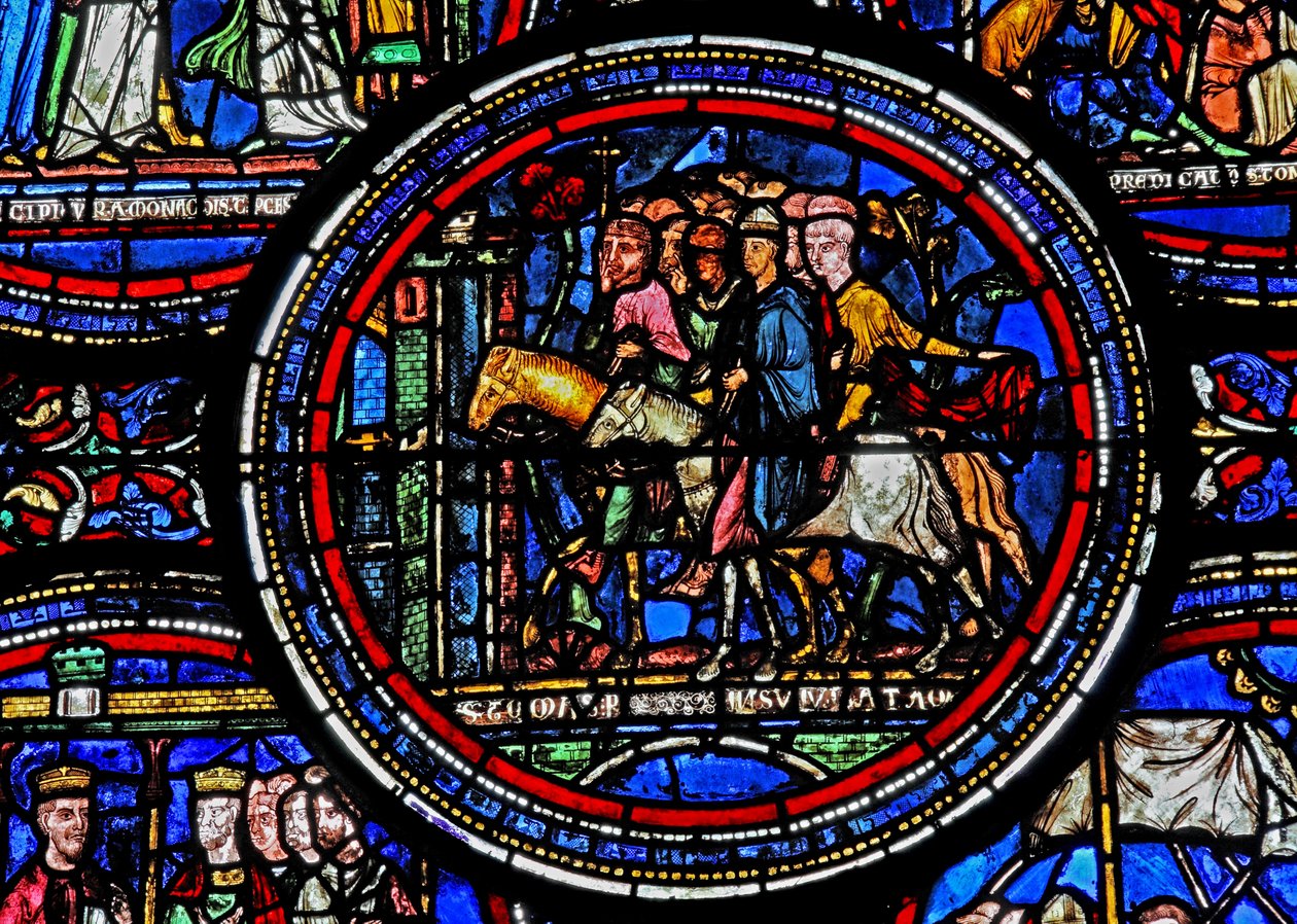 Vindu w23 som viser St Thomas Becket på vei til Canterbury av French School