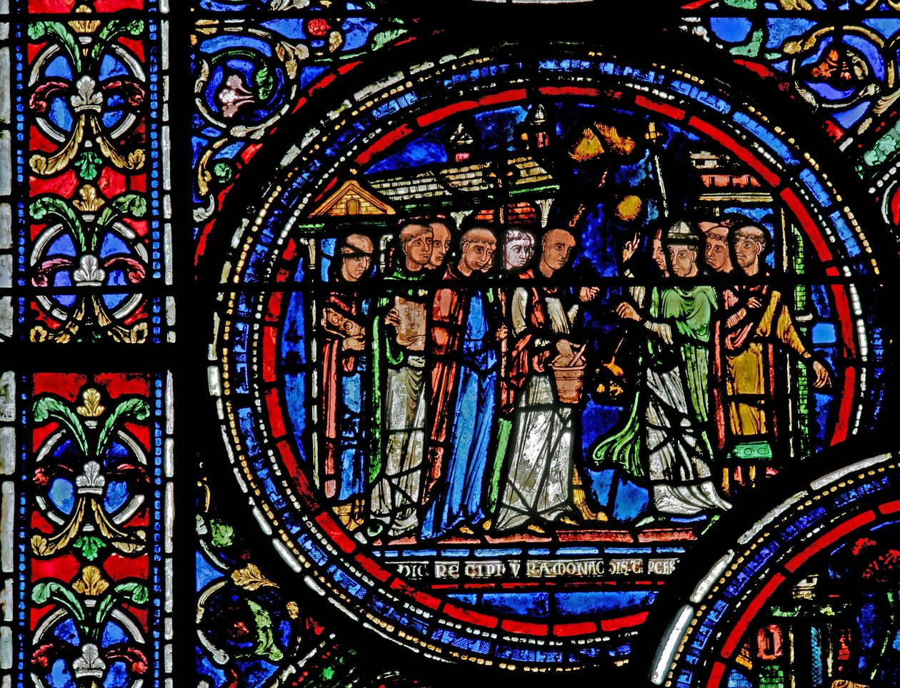 Vindu w23 som viser St Thomas Becket mottatt av munkene på Canterbury av French School