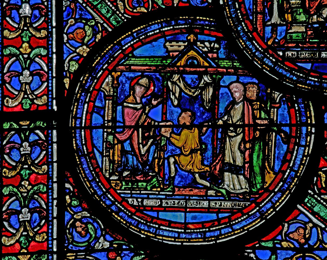 Vindu w23 som viser St. Thomas Becket mottar en melding fra kongen av French School