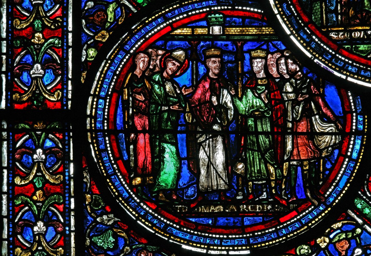 Vindu w23 som viser St Thomas Becket med Henry II og Louis VII av French School