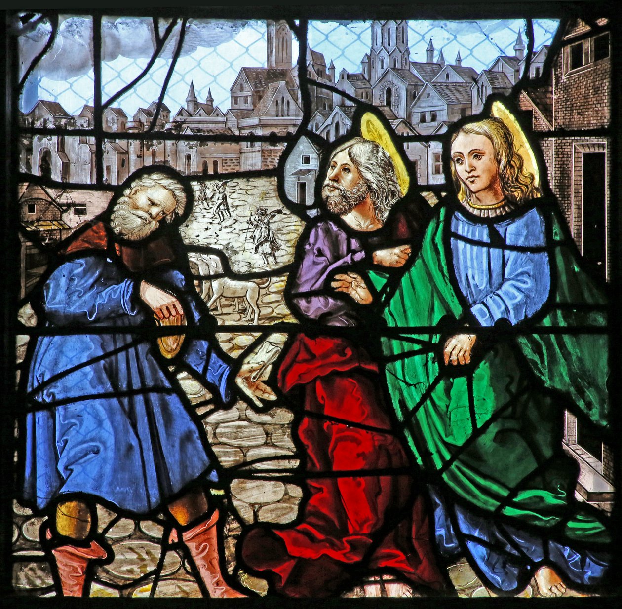 Vindu w24 som viser to apostler gir penger til en mann (LAumone de St Thomas?) av French School