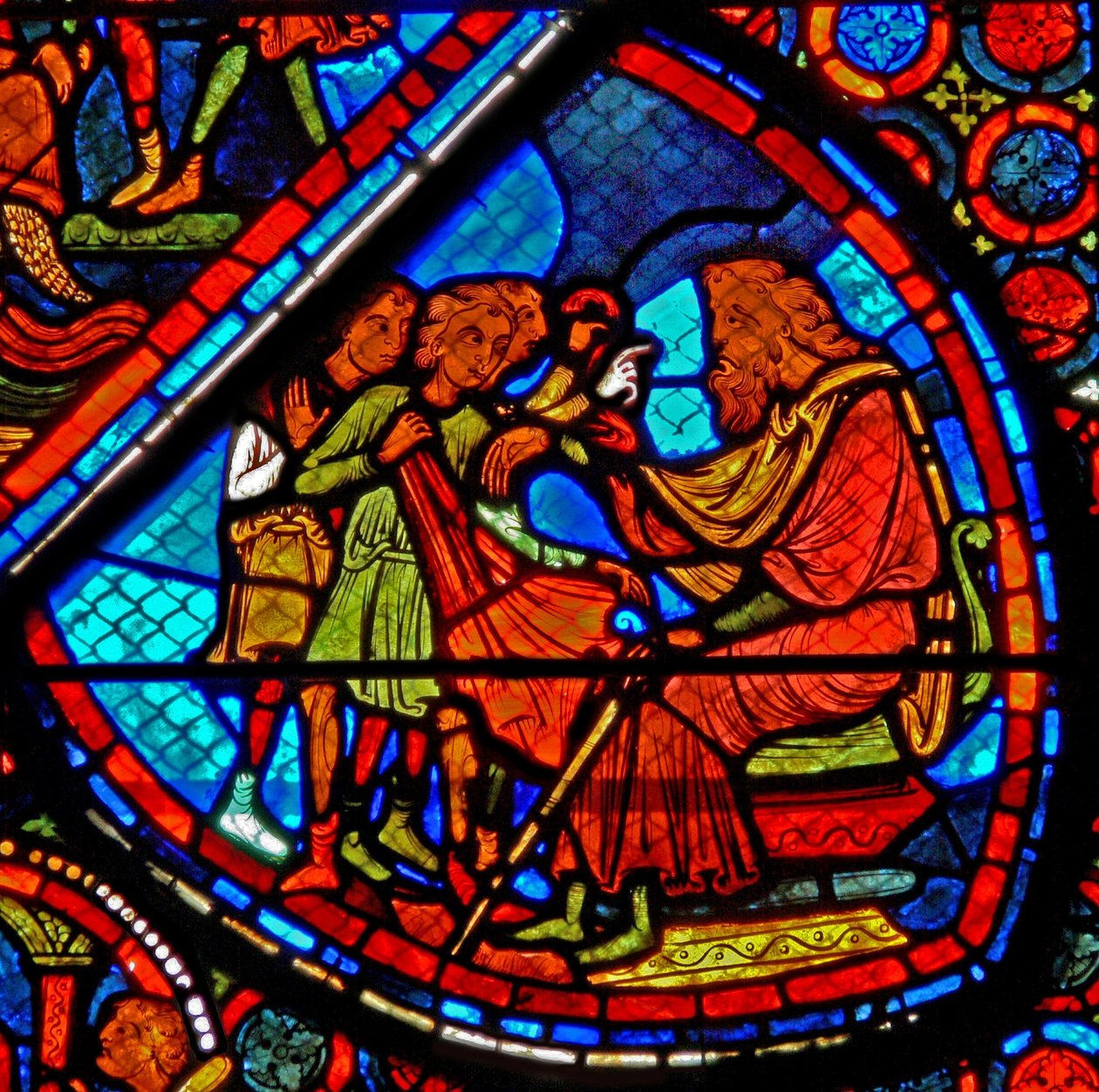 Vindu w24 som viser en scene fra historien om Josef: hans brødre med deres far Jakob av French School