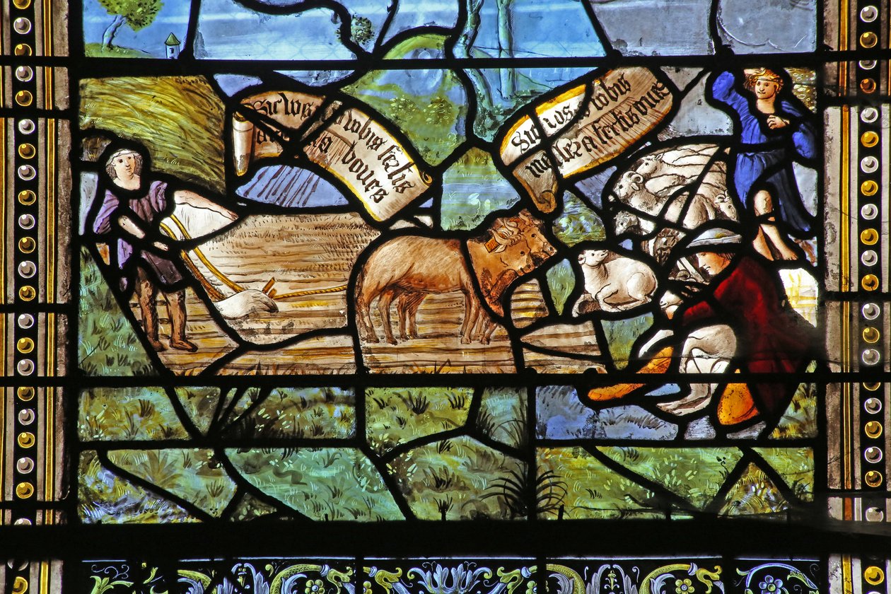 Vindu w26 som viser Virgil-inspirerte landscener under Kristus på korset av French School