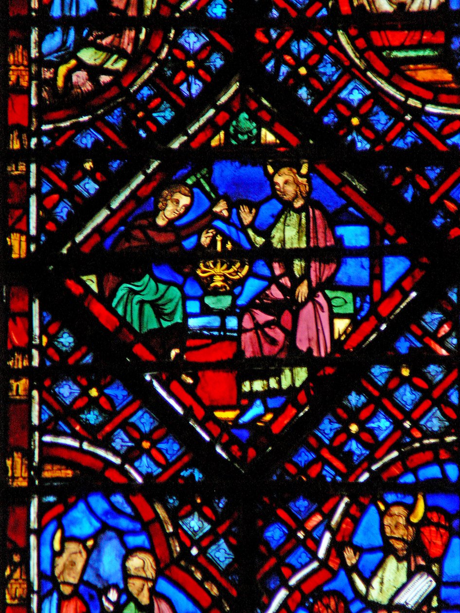 Window w2 Moses ser på Bezalel som lager Menora Ex XXXVII 17-24 av French School