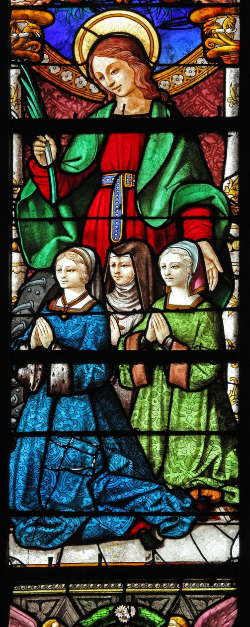 Vindu w2 som viser St Catherine og giver (moderne?) av French School