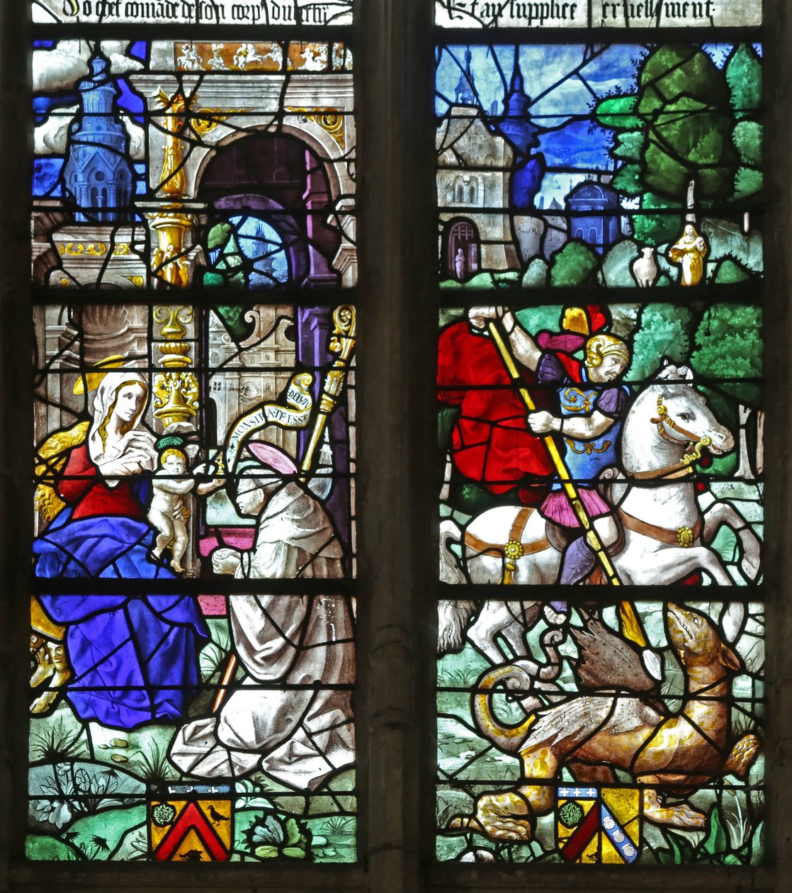 Vindu w2 som viser en giverbiskop før jomfruen og barnet; St George av French School