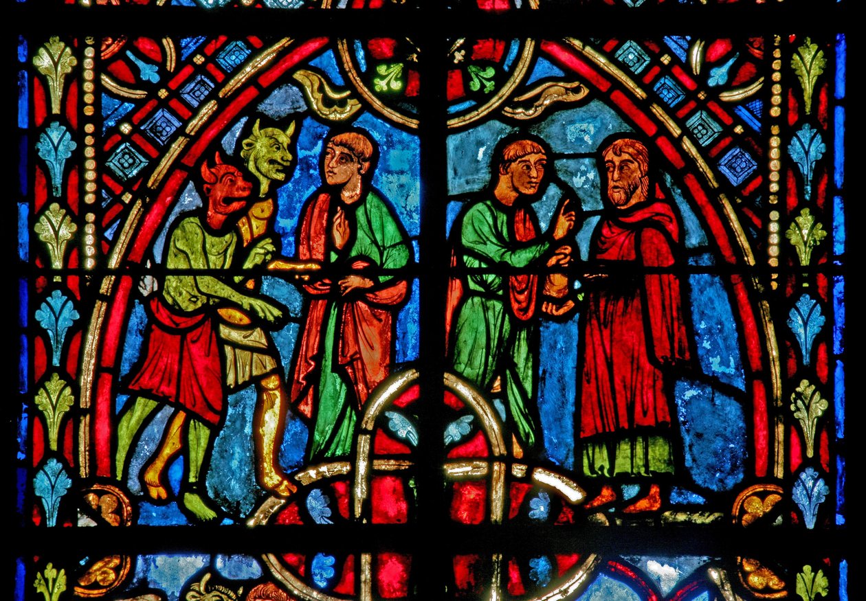 Vindu w2 som viser en scene fra Theophilus-historien (moderne) av French School