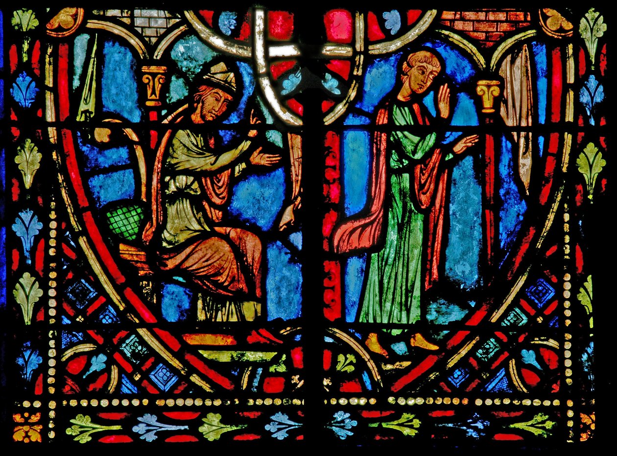 Vindu w2 som viser en scene fra Theophilus-historien (moderne) av French School