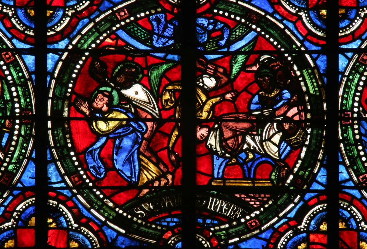 Vindu w2 som viser en scene fra St Peters liv: Simon Magus faller mens han prøver å demonstrere sine flyveevner av French School