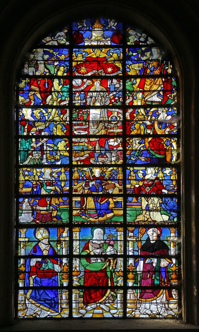 Vindu w32 som viser jomfruens litani og St. Lubin, Døperen Johannes og St. Maur av French School