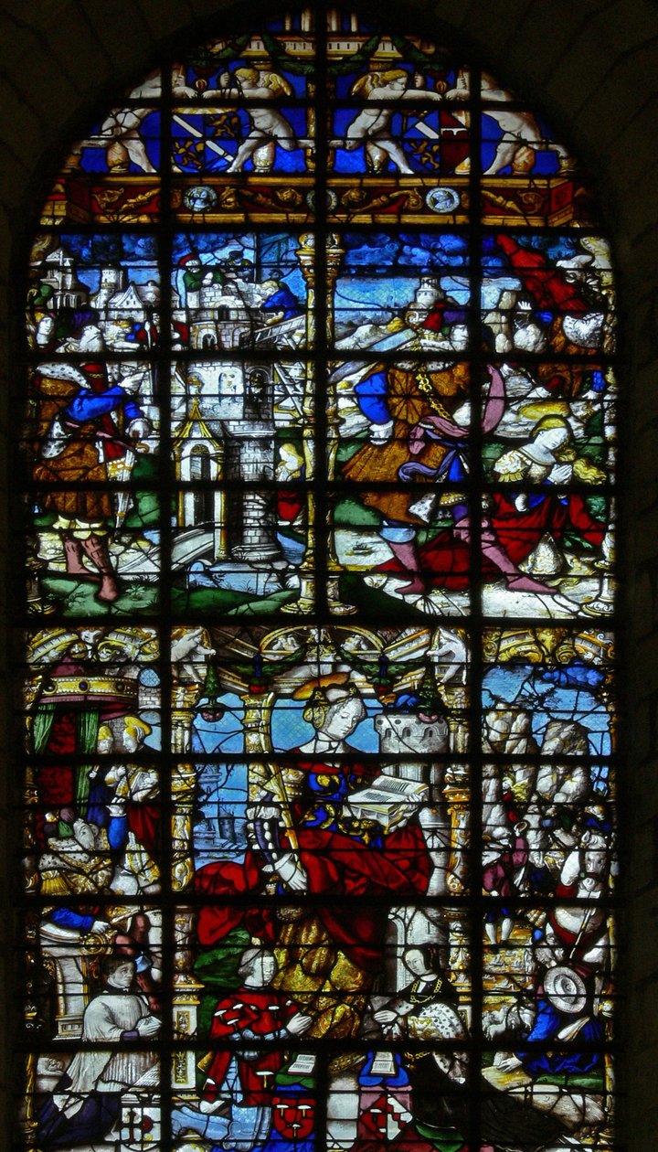 Vindu w37 som viser scener fra St Barbaras liv av French School