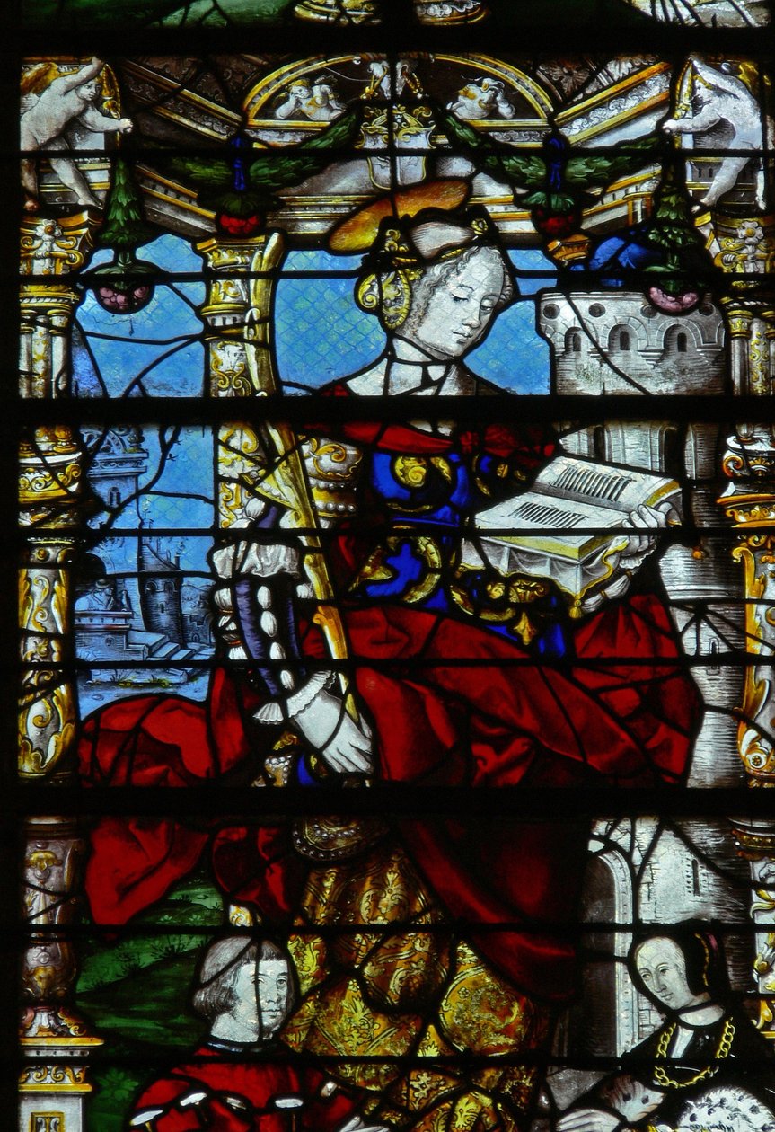 Vindu w37 som viser scener fra St Barbaras liv av French School