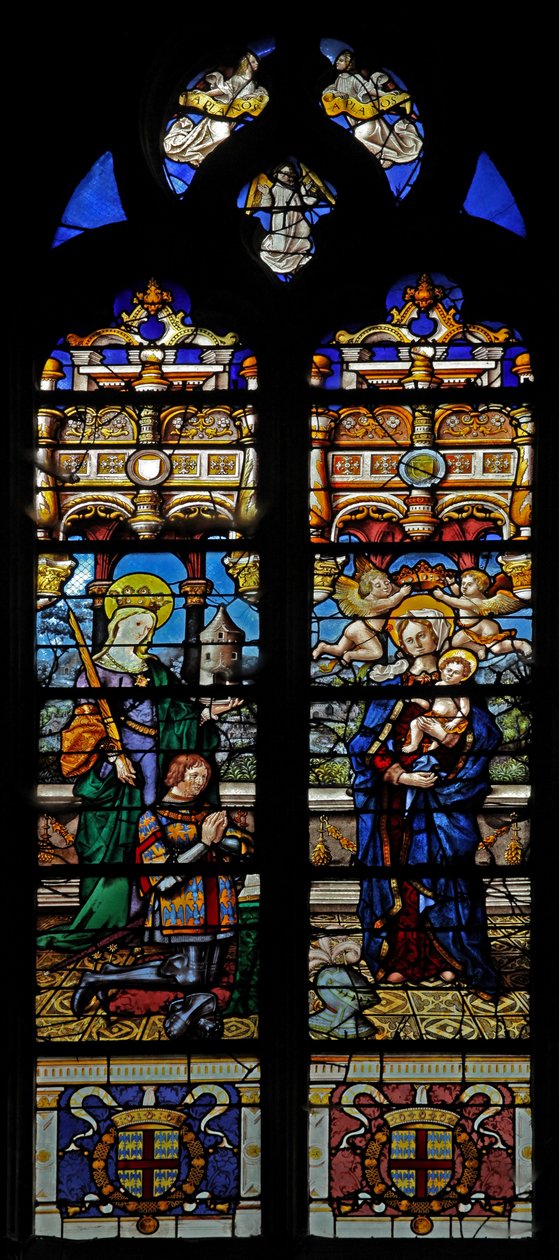 Vindu w3 som viser St Barbara og giveren Jean de Montmorencyn av French School