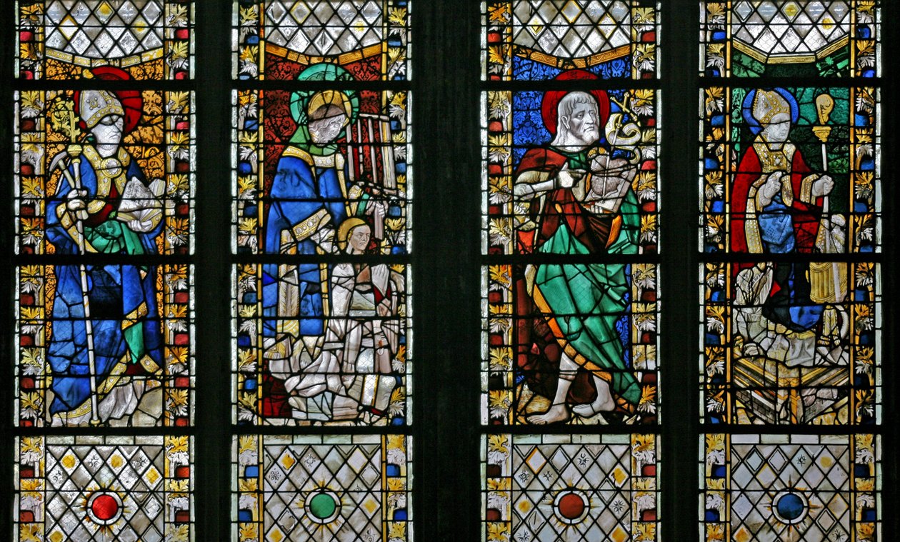 Vindu w47 som viser St Eloi, St Laurence, St John the Baptist og St Nicholas av French School