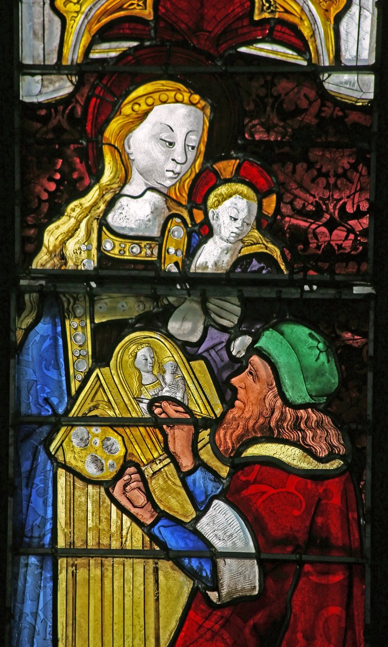 Vindu w4 som viser St. Lukas som maler jomfru Maria av French School