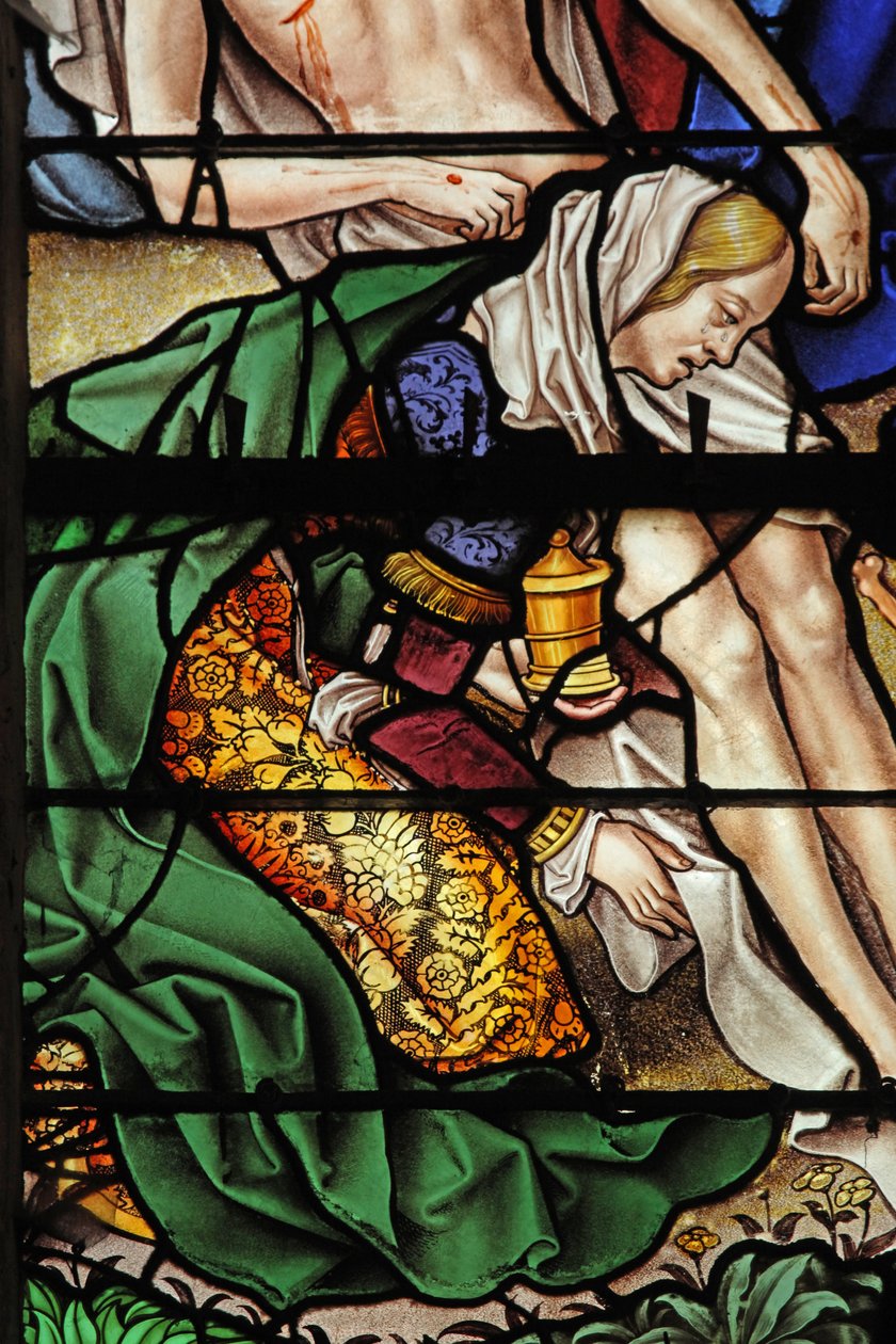Vindu w4 som viser en scene fra livet til Maria Magdalena - helgenen ved nedstigningen fra korset av French School