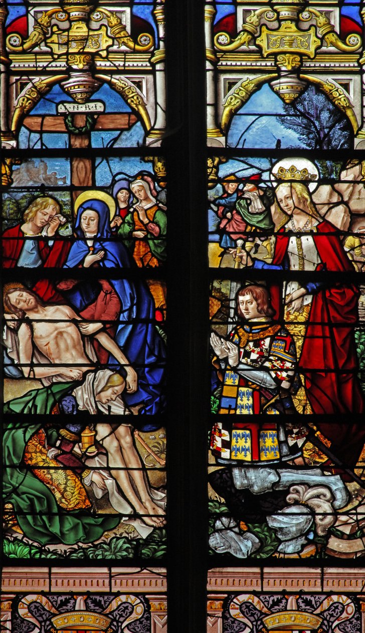 Vindu w4 som viser Descent from Cross med giveren Francois de Montmorency og Ste Francoise av French School