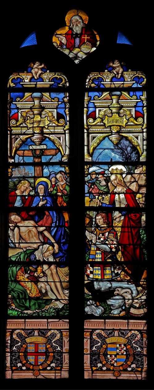 Vindu w4 som viser Descent from Cross med giveren Francois de Montmorency og Ste Francoise av French School