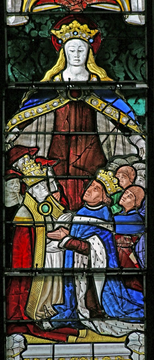Vindu w4 som viser Jomfru Maria som beskytter, pave Paul II og kong Ludvig XI av French School