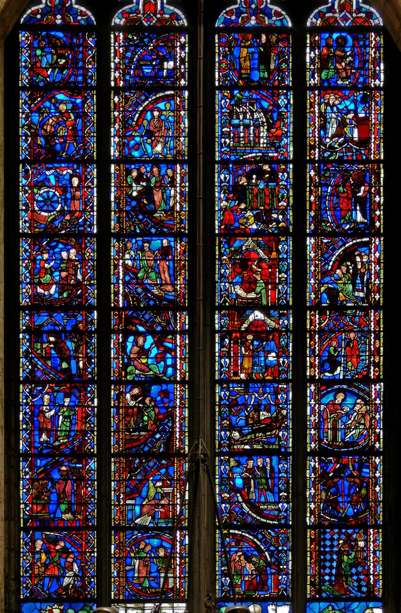 Vindu w53 som viser scener fra livet til St. Katarina, St. Nicholas, St. John Baptist, St. Stephen av French School