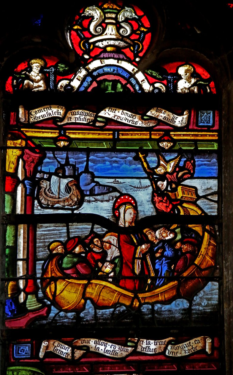 Vindu w5 som viser Maria Magdalena setter seil fra Jerusalem av French School