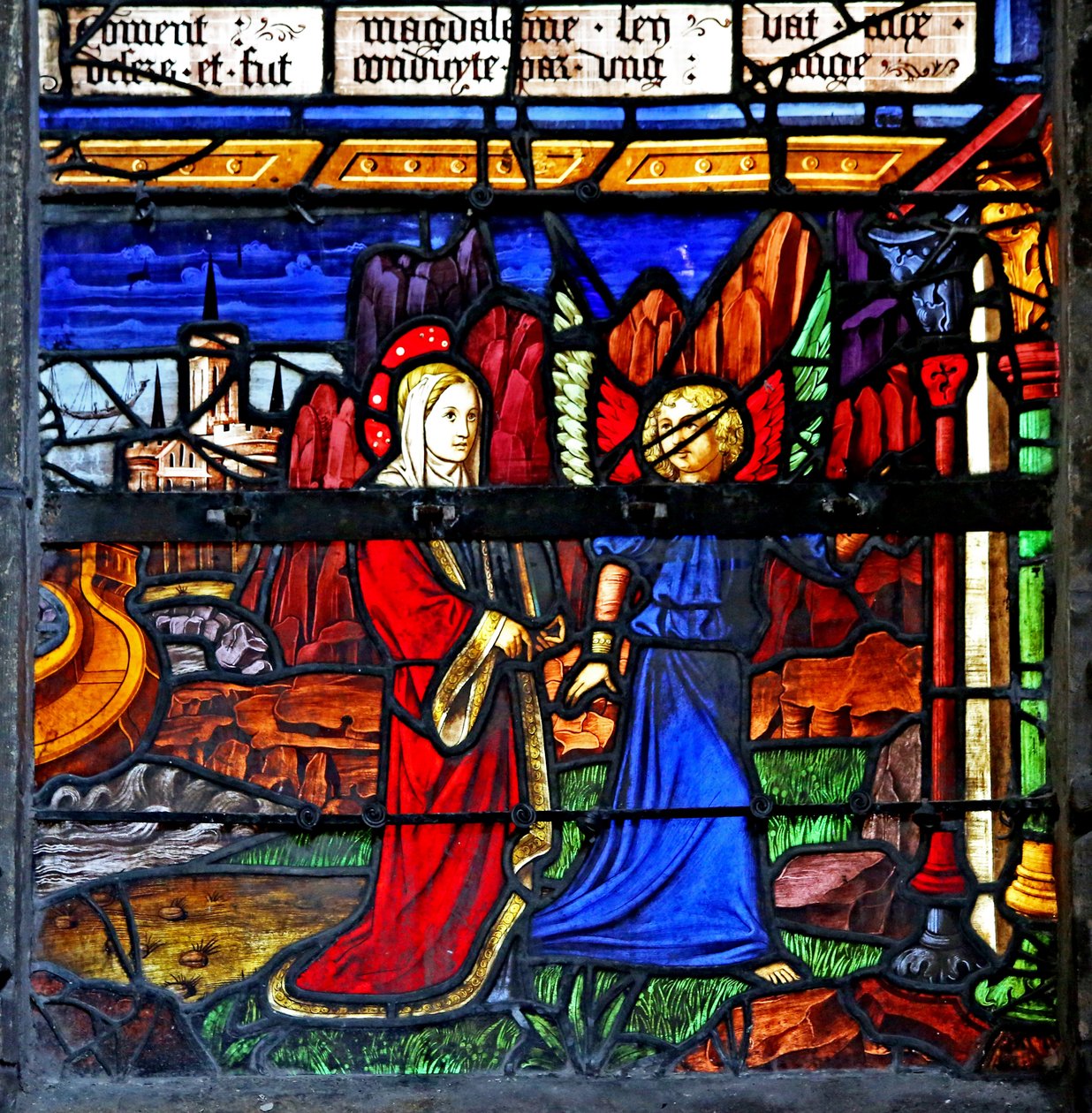 Vindu w5 som viser Maria Magdalena; hun går i eksil og blir ledet av en engel av French School