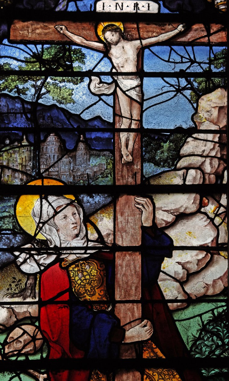 Vindu w5 som viser en scene fra livet til Maria Magdalena - helgenen ved korset av French School