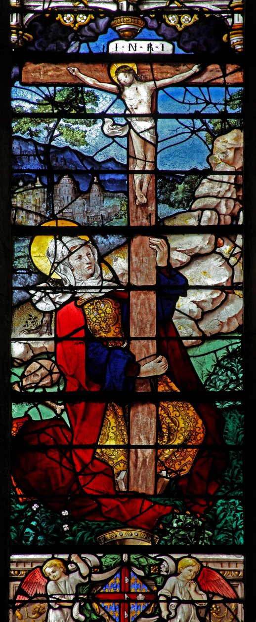 Vindu w5 som viser en scene fra livet til Maria Magdalena - helgenen ved korset av French School