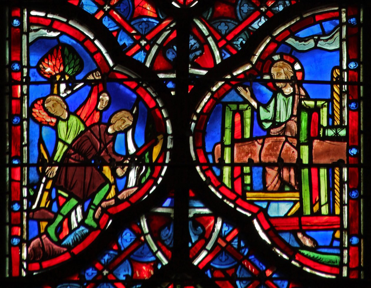 Vindu w6L Skogens trær hugges ned med øks (L) Er X 33-34. Kristus med vinpressen (R) Er LXIII 1-6 av French School