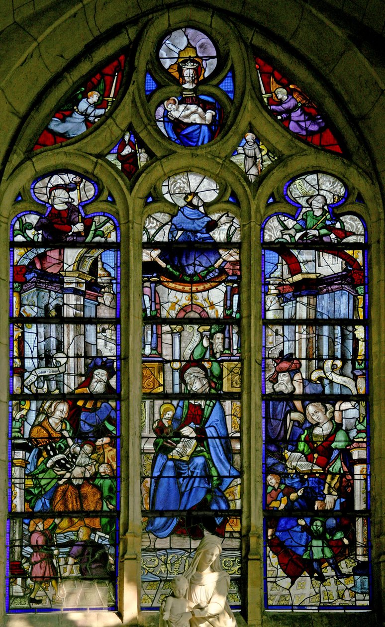 Vindu w6 som viser St. Anne som lærer jomfruen å lese; Mary Jacobe og Mary Salome og familier; David, Asa, Josias ovenfor av French School
