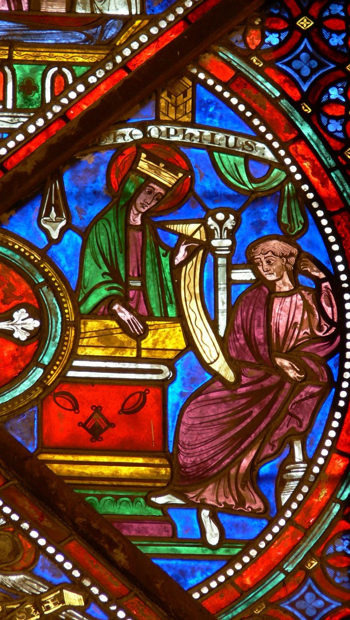 Vindu w6 som viser en scene fra Theophilus-historien: Jomfruen returnerer pakten av French School