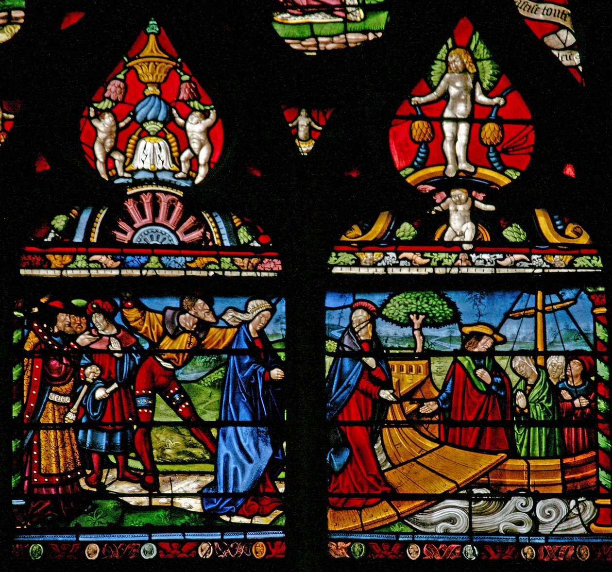 Vindu w6 som viser en scene fra Maria Magdalenas liv - hun går om bord i en båt av French School