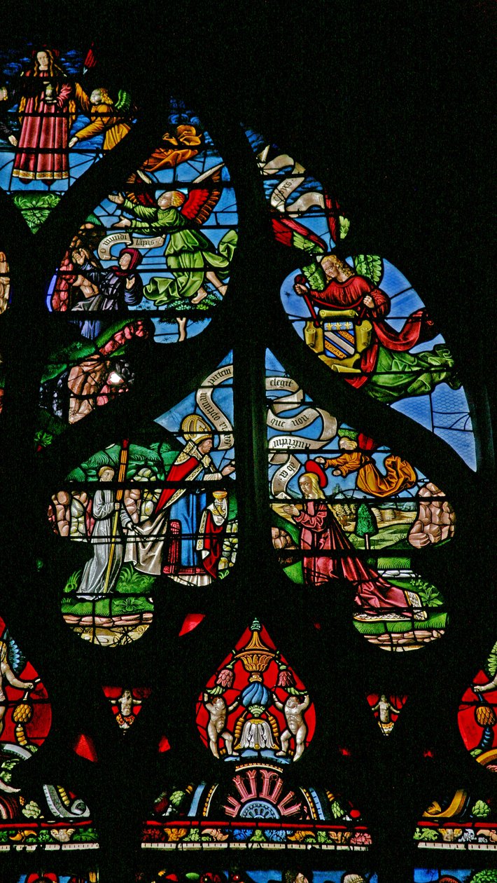 Vindu w6 som viser en scene fra Maria Magdalenas liv - de helliges siste nattverd av French School