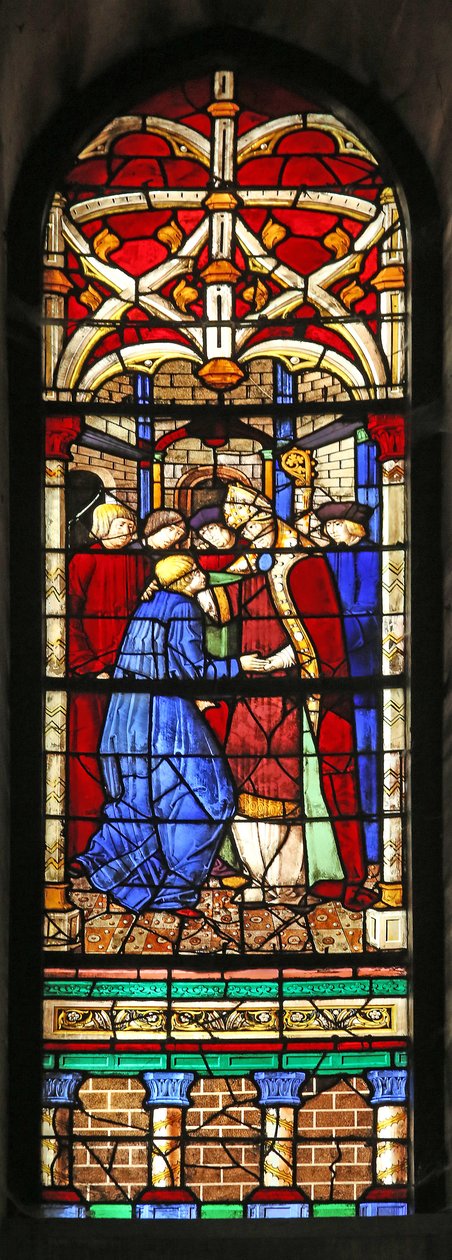 Vindu w7 som viser en scene fra St. Augustins liv: han blir utnevnt til professor i Milano og besøker Ambroise av French School