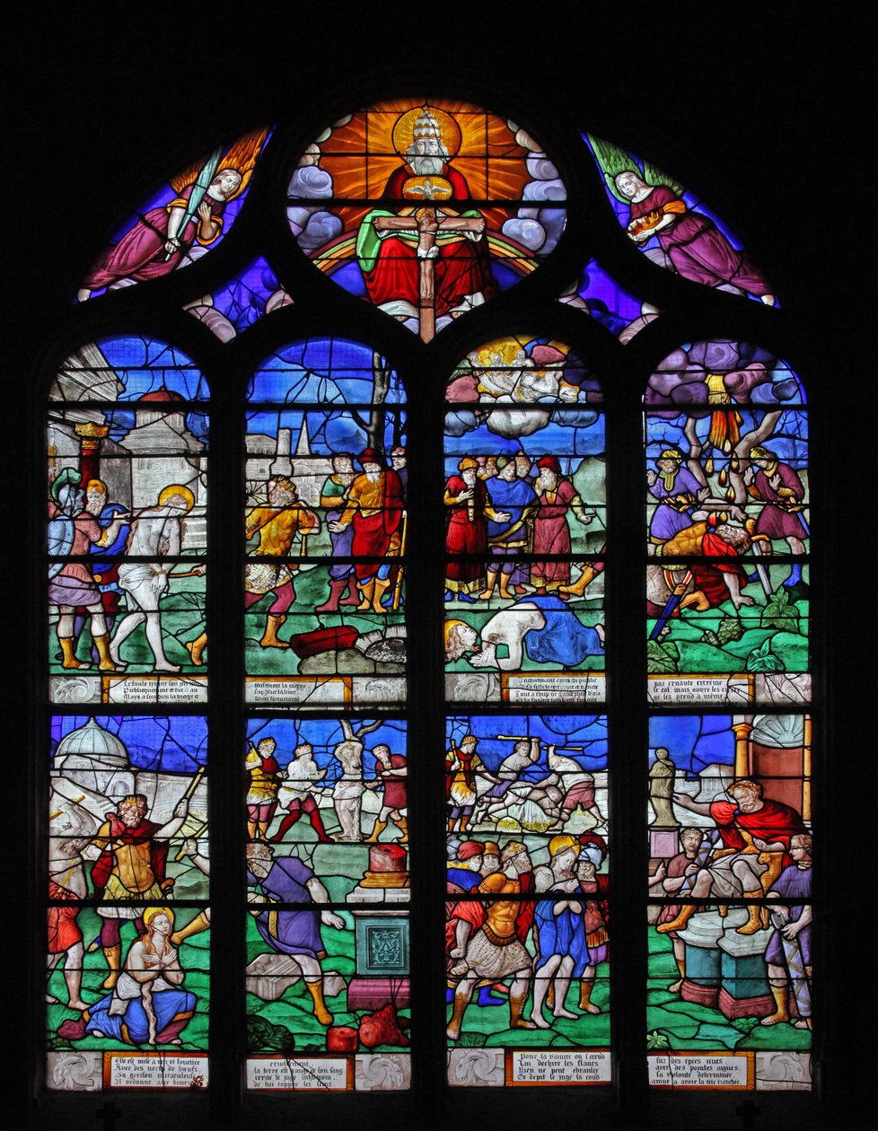 Vindu w7 som viser scener fra St Barbaras liv av French School