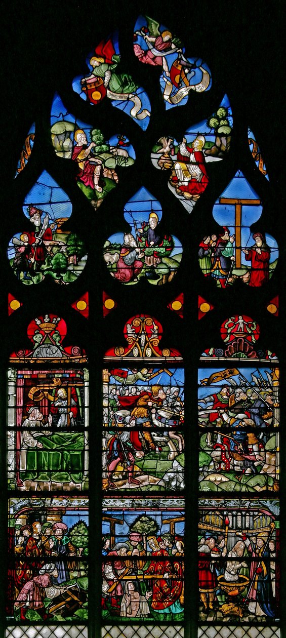 Vindu w8 som viser St Helen, Constantine and the Triumph of Cross av French School