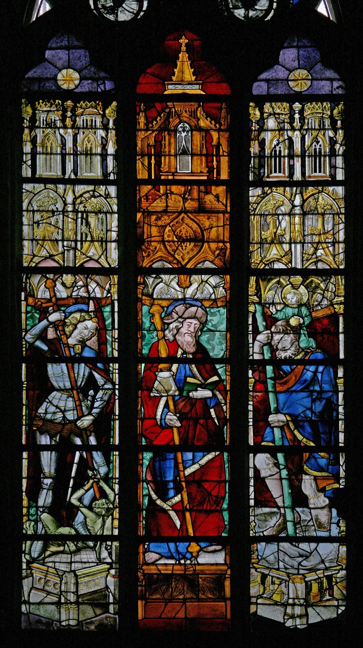 Vindu w8 som viser St Michael, St James og St Christopher av French School