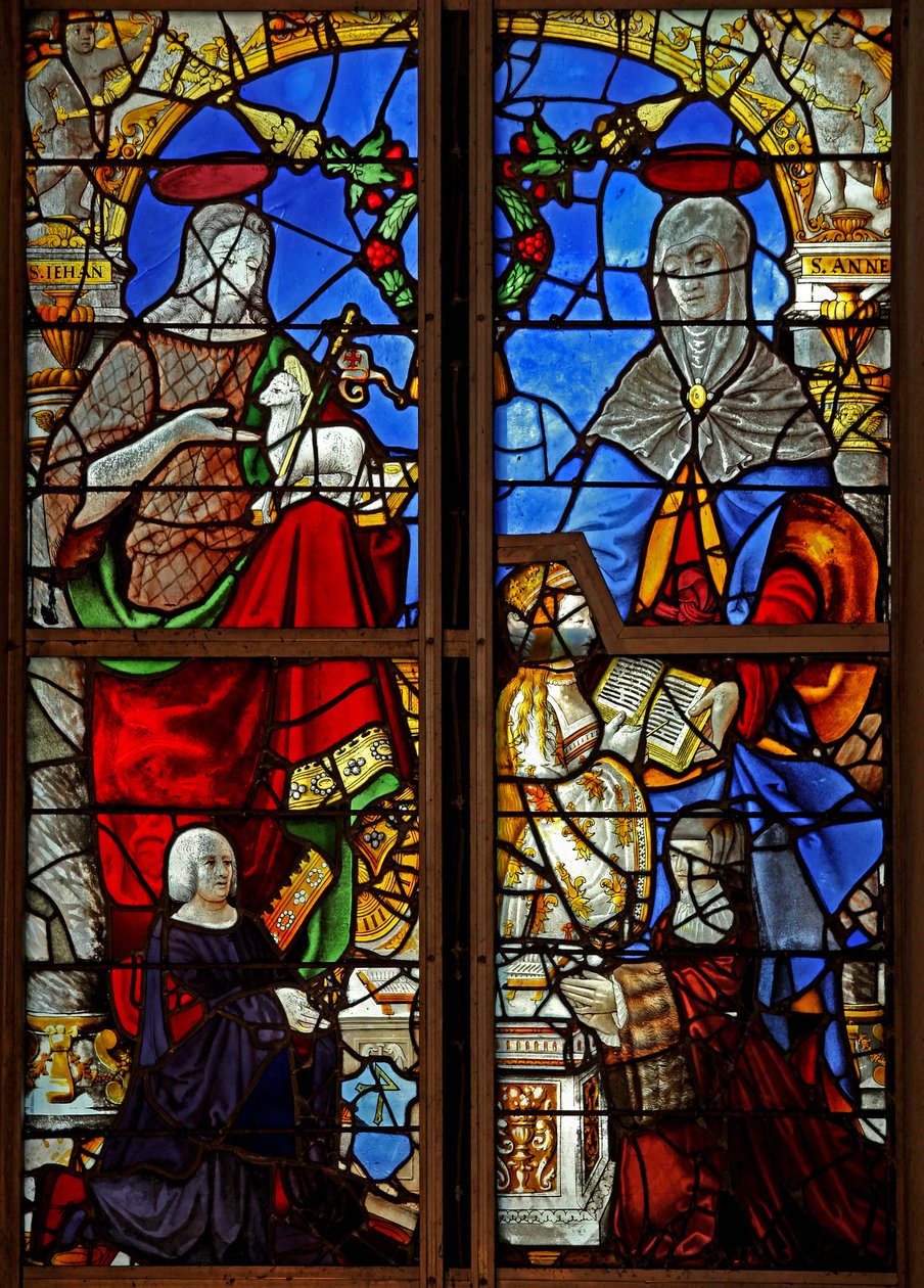 Vindu w8 som viser givere med døperen Johannes; også St. Anne lærer jomfru Maria å lese av French School