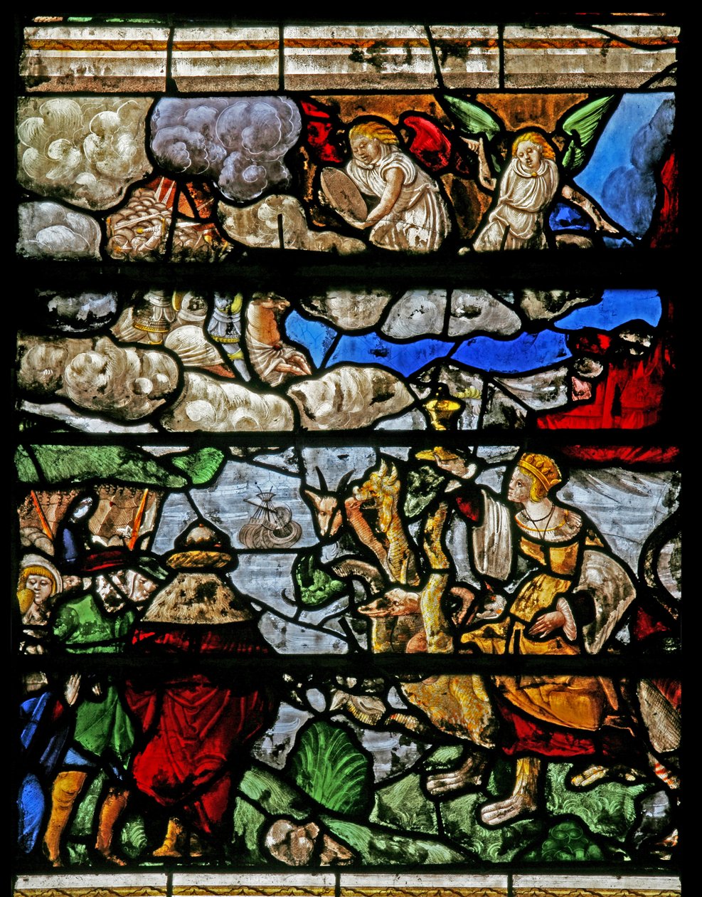 Vindu w9 som viser en scene fra St Johns Book of the Revelation av French School