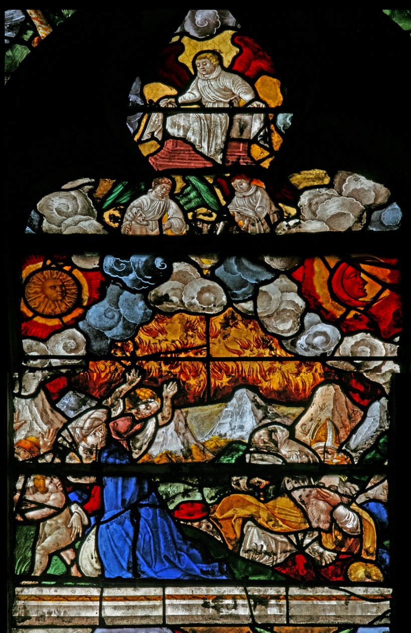 Vindu w9 som viser en scene fra St Johns Book of the Revelation av French School