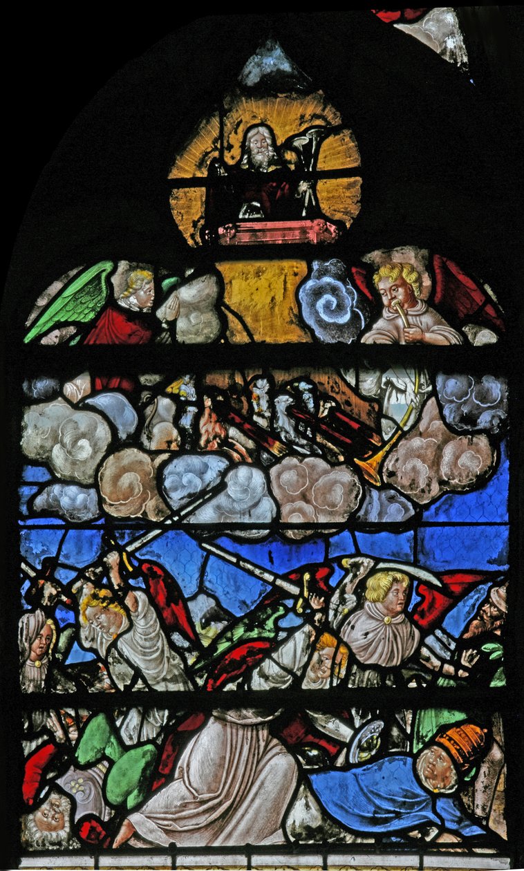 Vindu w9 som viser en scene fra St Johns Book of the Revelation av French School