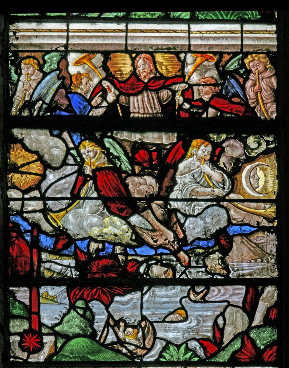 Vindu w9 som viser en scene fra St Johns Book of the Revelation av French School